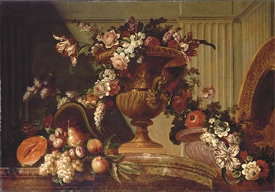Roses, tulips, peonies, mallows and other flowers in a sculpted urn, with grapes, peaches, plums, a melon, a pear and a silver gilt salver on a marble ledge