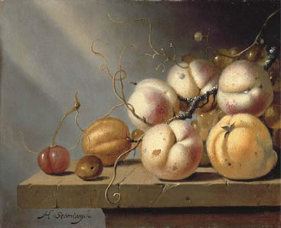 A cherry, a hazelnut, a lemon, an apricot, peaches and grapes on a stone ledge by Harmen Van Steenwijck - Auction record, sale price, and art valuation. Compare with similar artists and explore comparable artworks.