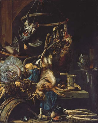 A hare, a duck and a partridge with a wicker basket of pears, a cabbage, parsnips, artichokes on a stone ledge in a kitchen interior