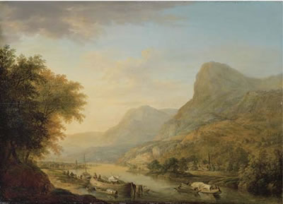 A mountainous river landscape with a town beyond