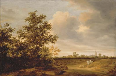 A wooded landscape with cattle, a church beyond