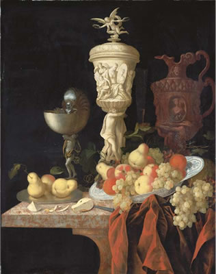 A nautilus cup, a sculpted marble urn, a sculpted porphyry jug and other vessels with oranges, apples, pears and grapes in a blue and white porcelain bowl on a partly-draped marble ledge by Georg Hainz - Auction record, sale price, and art valuation. Compare with similar artists and explore comparable artworks.