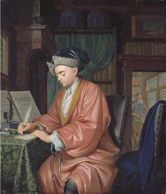 A doctor working in his study, with an assistant preparing medicine in a room beyond