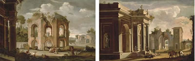 A capriccio of classical ruins with herdsmen resting near the Temple of Minerva Medica; and A capriccio of a palace portico in the Doric order with huntsmen; a pair (2)