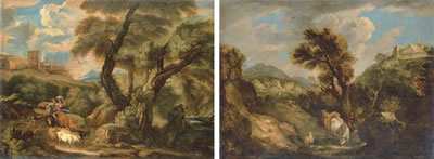 An Italianate landscape with herdsmen driving cattle, sheep and goats to water, a town in the distance; and A mountainous Italianate landscape with a herdsman and cattle by a stream and lightning striking a rock in the distance; a pair (2)