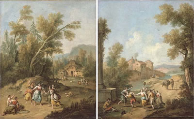 An Italianate wooded landscape with young peasant women playing blind-man's-buff; and An Italianate river landscape with peasants making music and dancing (pair)