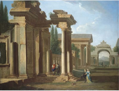 A capriccio of classical ruins with elegant figures promenading
