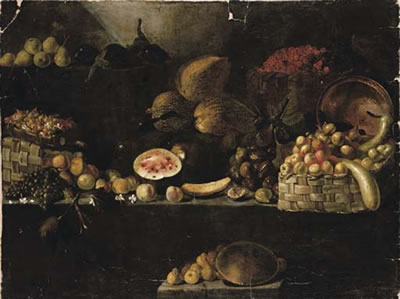 A basket of apples, calabashes, an upturned copper vessel, figs, melons, with other fruit on rocky ledges