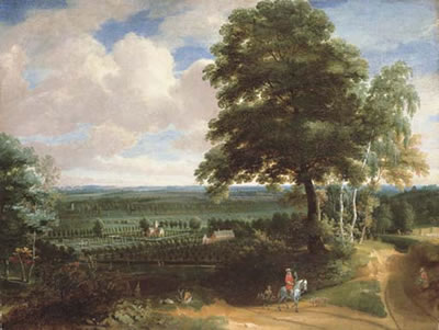 A panoramic landscape with a huntsman on a path and a manor house with formal gardens beyond by Jacques D'Arthois - Auction record, sale price, and art valuation. Compare with similar artists and explore comparable artworks.