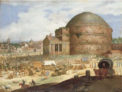 A view of the Pantheon, Rome, with townsfolk at a market