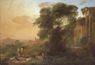 An Italianate landscape with a couple on a path by a river, a shepherd resting with his flock and men collecting water by classical ruins