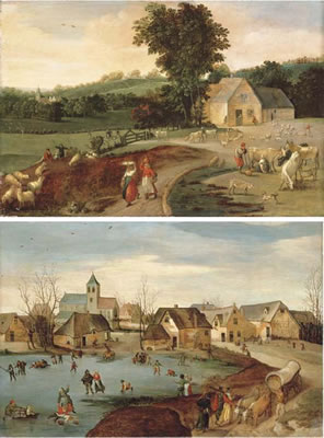 Summer: a landscape with peasants, cattle and sheep by a farm house; and Winter: a village scene with skaters on a frozen lake (pair)