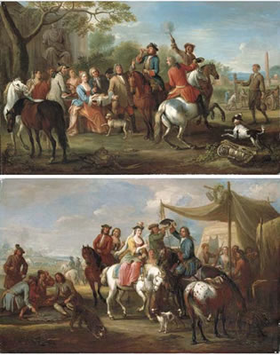 An elegant hunting party by a sutler's booth, a landscape beyond; and An elegant hunting party at rest in a park landscape (pair)