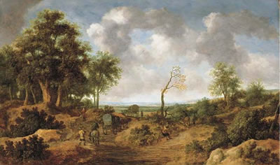 A wooded landscape with travellers in wagons on a path