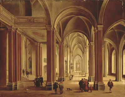 The interior of a Gothic Cathedral with elegant figures