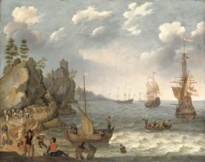 A coastal landscape with shipping and fishermen selling their catch, a fortified settlement on the cliffs beyond