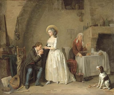 An amorous couple in an interior with an old woman preparing a meal, musical instruments, a basket of flowers and a dog by Louis Marie Marc Antoine Bilcoq - Auction record, sale price, and art valuation. Compare with similar artists and explore comparable artworks.