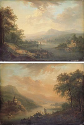 Dawn: a Rhenish river landscape with a stevedore loading a boat; and Dusk: a Rhenish river landscape with castle on a hill (pair)
