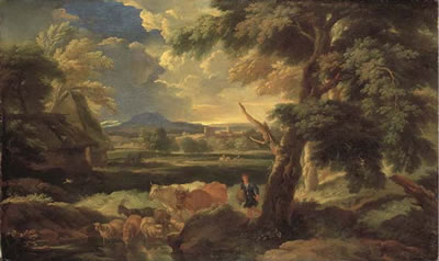 An Italianate landscape with a herdsman watering his livestock