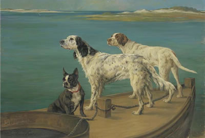For Divers Reasons: Two setters and a Boston terrier on a barge