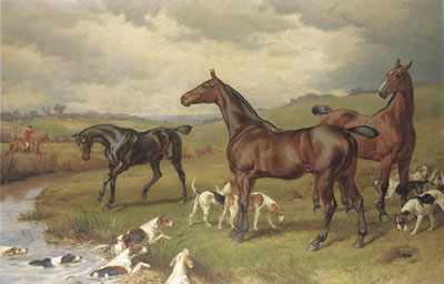 A hunting scene, with horses and hounds in the foreground, and a hunt beyond