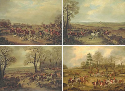 The Essex Hunt, 1831: The Start of the Hunt at Matching Green; Full Cry from Leading Roothing to High Easter; Gone to Ground at Man Wood with a view of Hatfield Broad Oak beyond; and The Kill from Dunmow High Wood at Easton Lodge, the seat of the Right. H by Dean Wolstenholme Sr - Auction record, sale price, and art valuation. Compare with similar artists and explore comparable artworks.