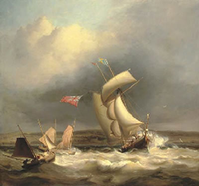 A topsail schooner and two Swansea luggers caught in a sudden squall off the South Wales coast, with Singleton Abbey beyond