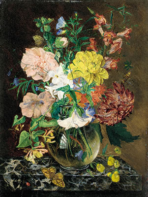 Still life of chrysanthemums, narcissi, honeysuckle, sweetpeas, and convulvulus in a glass vase, with a butterfly and a ladybird, on a marble ledge by Emily Coppin Stannard - Auction record, sale price, and art valuation. Compare with similar artists and explore comparable artworks.