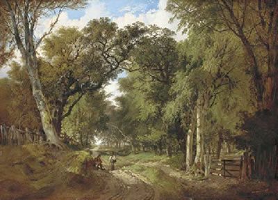 A wooded landscape with figures resting on a track