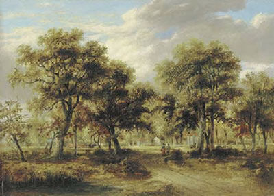 View of Richmond Park with figures on a path and cattle beyond