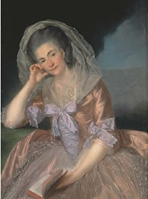 Portrait of Elizabeth Hervey (1733-1800), wife of the 4th Earl of Bristol, three-quarter-length, seated in a salmon pink dress with lilac bowes, the Giant's Causeway, Co. Antrim beyond