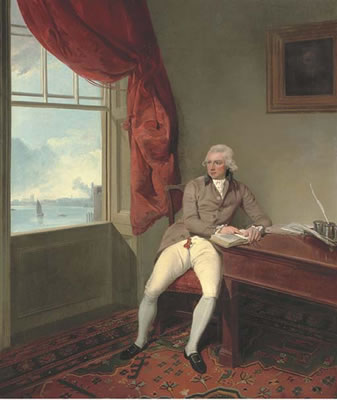 Portrait of Richard Ironmonger Troward (1751-1815), small full-length, seated at a table in his office, 22 Norfolk Street, the Strand, in coat and breeches with his hands resting on an open book, a view of the Thames through a window beyond
