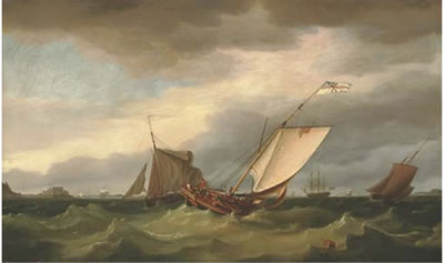 The Guernsey Packet beating out of St. Helier in a heavy swell, with Elizabeth Castle off her port beam, 1785
