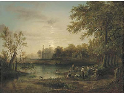 Boys bathing by moonlight with Eton College beyond