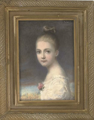 A girl, in white dress with lace frill, pink flower and foliage at corsage, her fair hair upswept and dressed in a bun; sky and landscape background