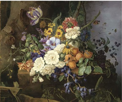 Carnations, convolvulus and other flowers, with grapes, apricots, plums and blackberries on a stone ledge