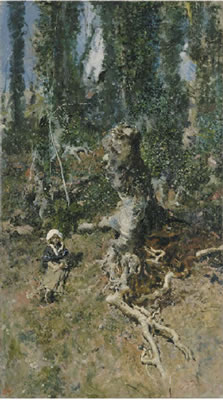 A young girl in a wooded landscape
