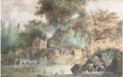 A mill pond in a ruined park, with three fishermen