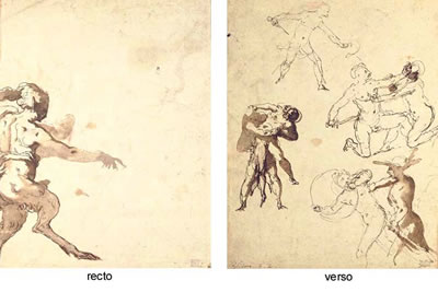 A satyr pointing to the right (recto); A soldier with a dagger, two soldiers grappling, a soldier attacking a trumpeter, and two men fighting (Hercules and Antaeus?) (verso)