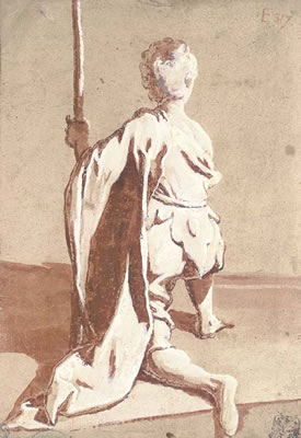 Kneeling young man holding a staff. Study of hands and legs