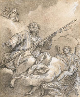 Saint Thomas looking upwards, seated on a cloud held by two angels, two putti reading a book above