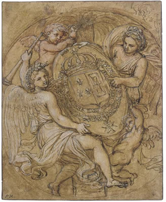 The coat of arms of France and Navarre, surrounded with the Order of Saint Michel, supported by Fame, Glory and two putti