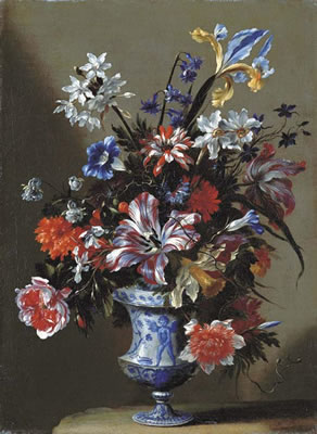 Lilies, peonies, narcissi, morning glory and other flowers in a blue and white vase on a stone ledge by Mario Nuzzi - Auction record, sale price, and art valuation. Compare with similar artists and explore comparable artworks.