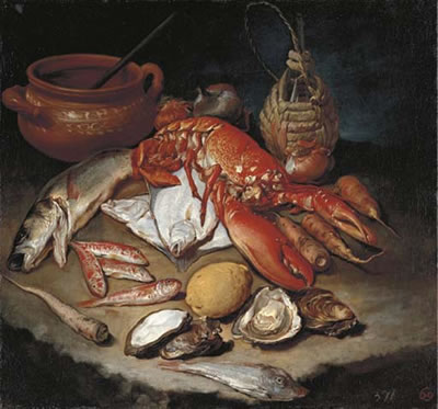 A lobster, herring, turbot, skate, red mullets and oysters with turnips, onions, a lemon, an earthenware pot and a wicker and glass bottle on a stone ledge