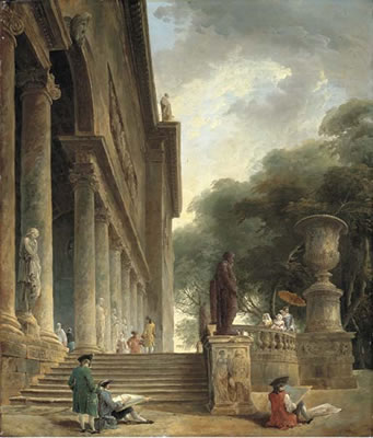 Colonnade et jardins du Palais Médici: Gentlemen sketching in an Italianate garden; and Restes du palais du pape Jules: An architectural capriccio with haymakers; a pair (2)