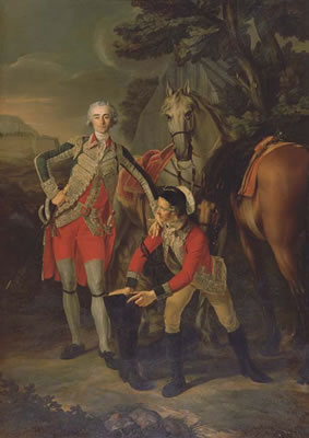 Portrait of Charles Grant, vicomte de Vaux, in uniform as a Lieutenant Colonel of the Garde du Roi, attended by his groom with their horses, a fortress beyond