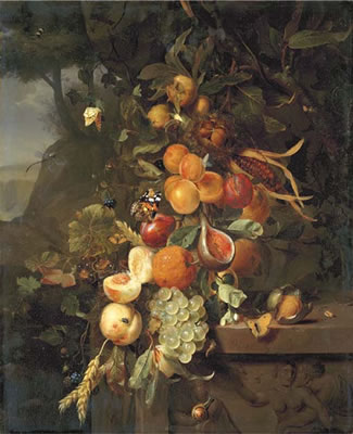 Peaches, apricots, grapes, oranges, blackberries, sheafs of corn and a pomegranate on a plinth with a sculpted relief, with butterflies, a snail and a ladybird, in a mountainous landscape by Jan Mortel - Auction record, sale price, and art valuation. Compare with similar artists and explore comparable artworks.