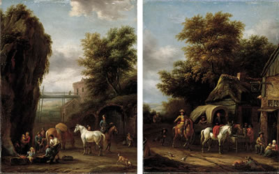 A rocky landscape with travellers at a forge; and A wooded landscape with horsemen halting at an inn (2)