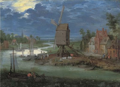 River landscape with peasants by a landing-stage and a windmill