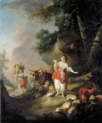 Les oeufs cassés: A shepherdess startled by a drover and his cattle in a pastoral landscape